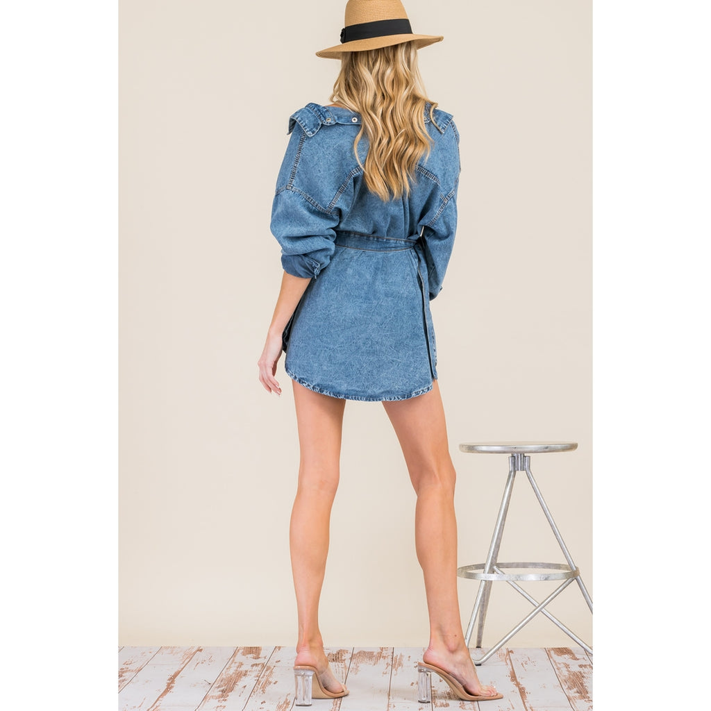 Denim Shirt Dress with Pocket Purse Belt