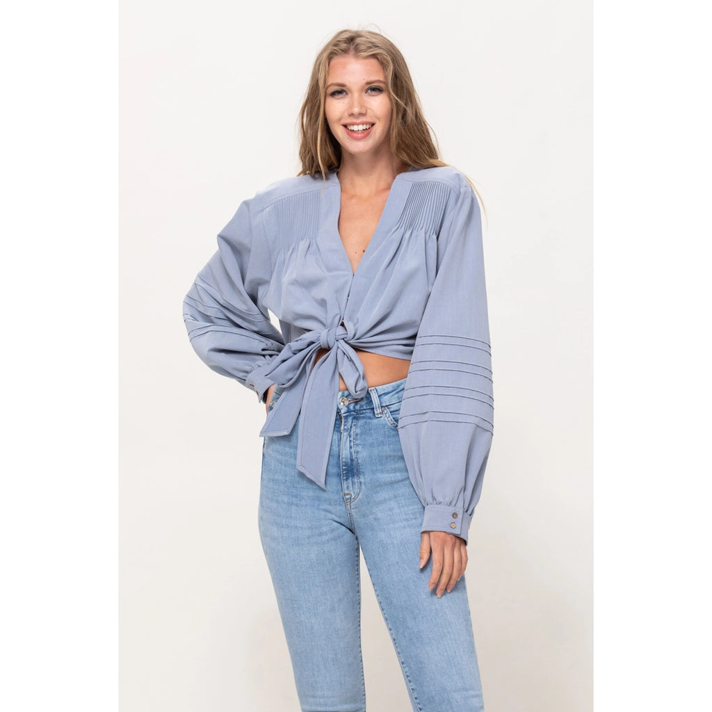Pintuck Sleeve Front Tied Top