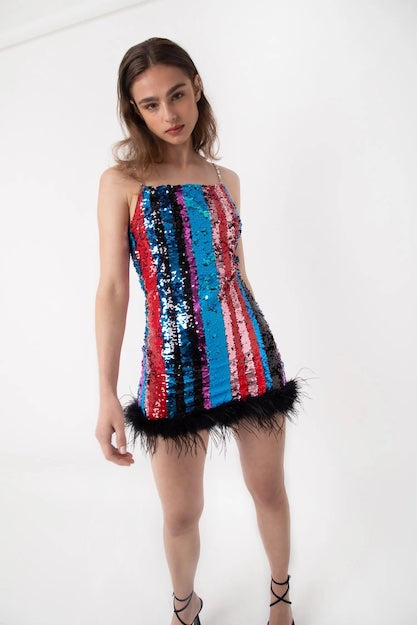 Sequin Mini Dress with Feather Hem