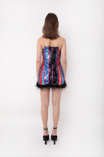 Sequin Mini Dress with Feather Hem