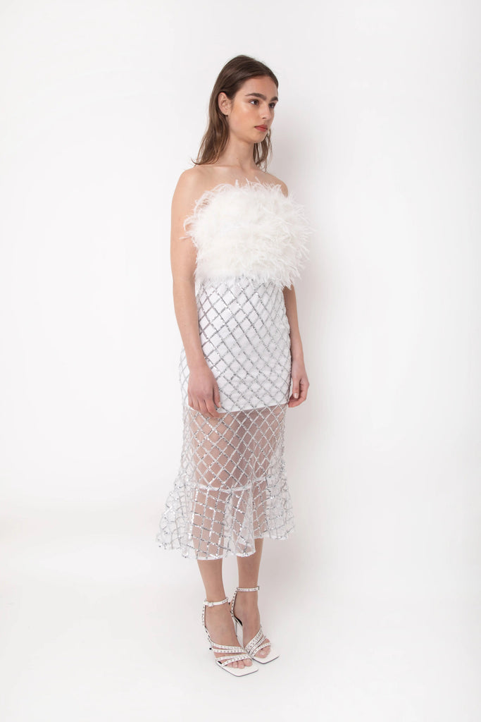 Ostrich Feather Ruffle Hem Midi Dress with Sequin Mesh Overlay