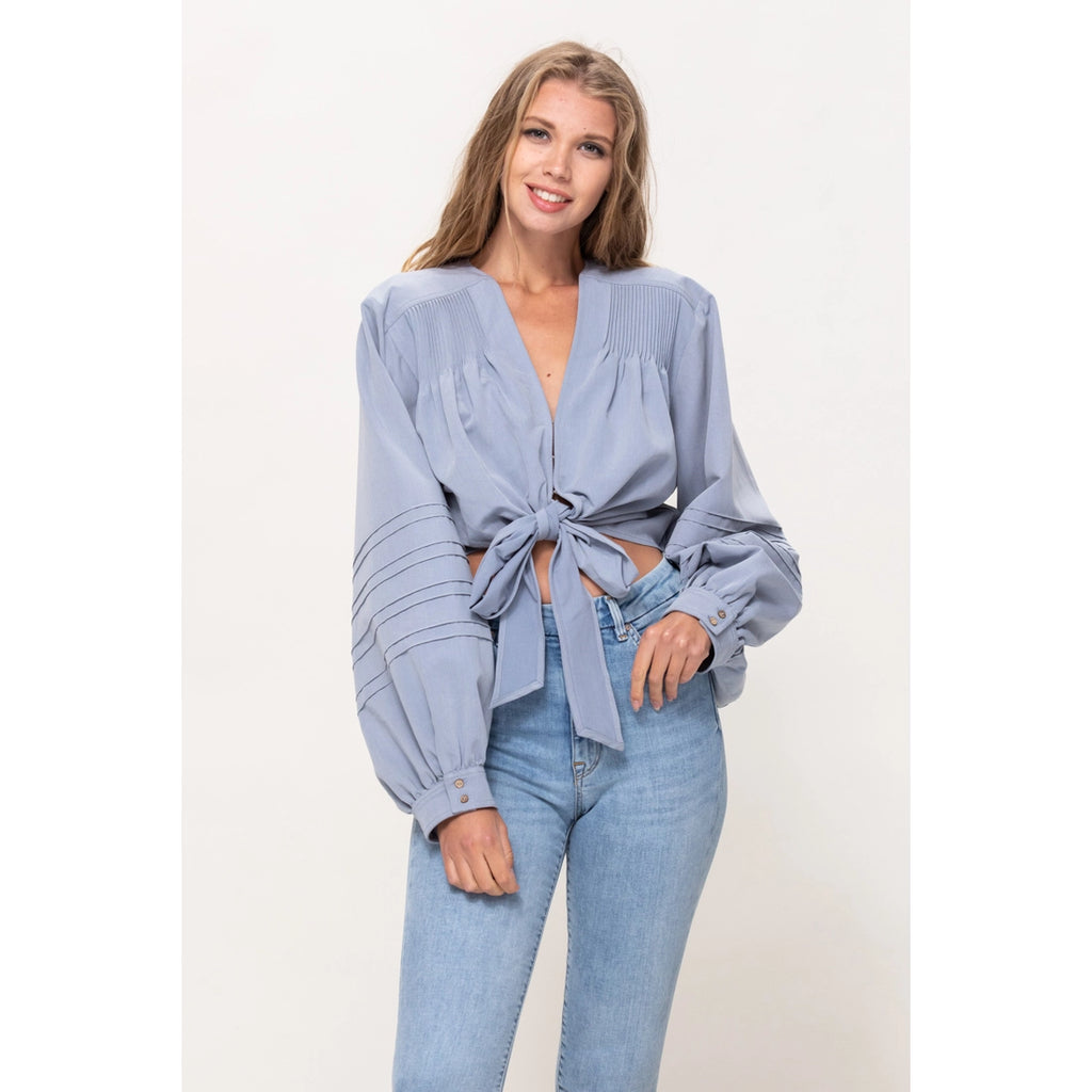 Pintuck Sleeve Front Tied Top