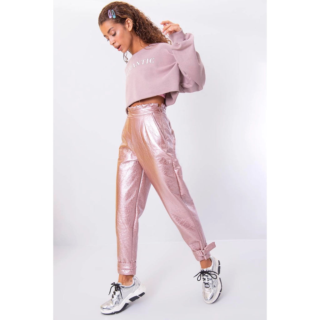 Pink Metallic Belted Hem Pants