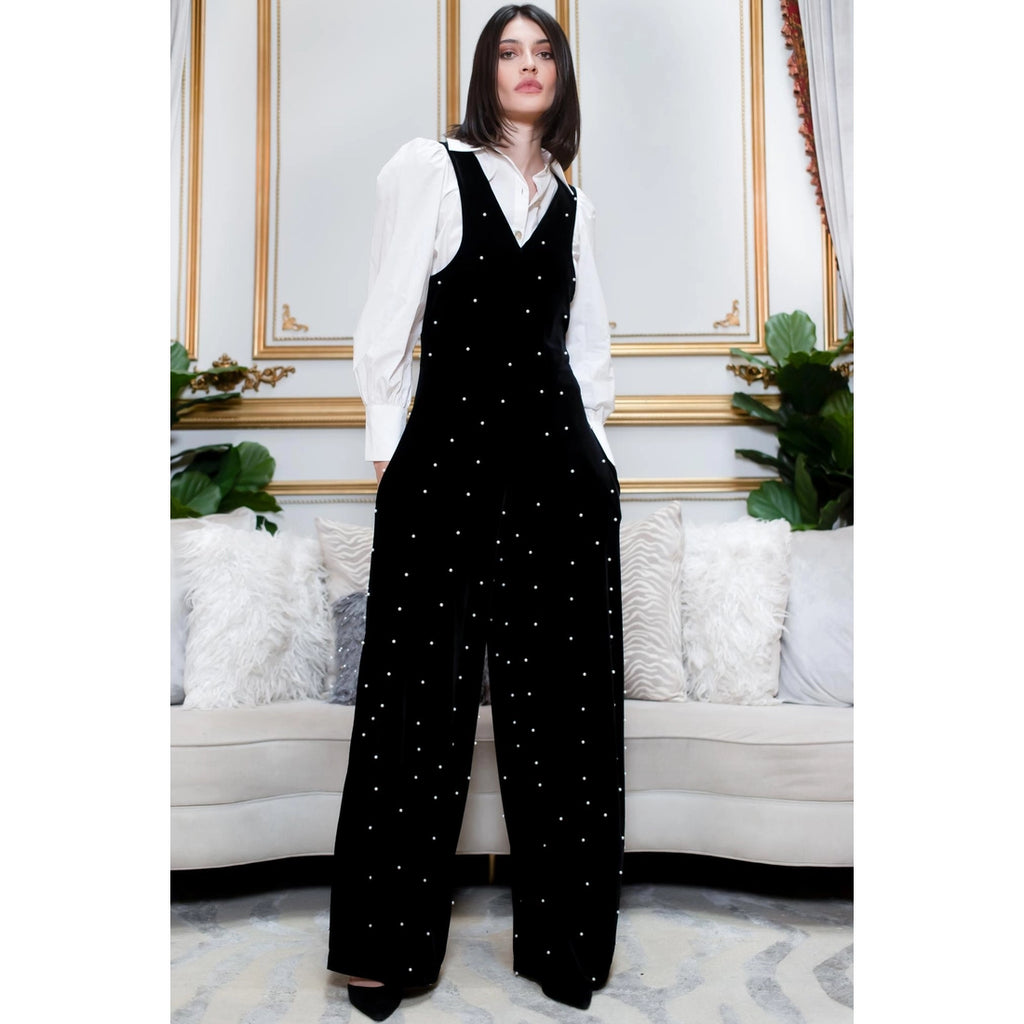 Velvet Jumpsuit with Pearls